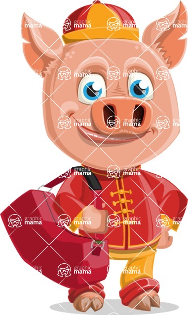 Year of the Pig Character - Vector Pig Cartoon - Traveling Year of the Pig Vector Character